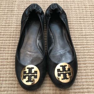 Tory Burch Black Flats with Gold Logo